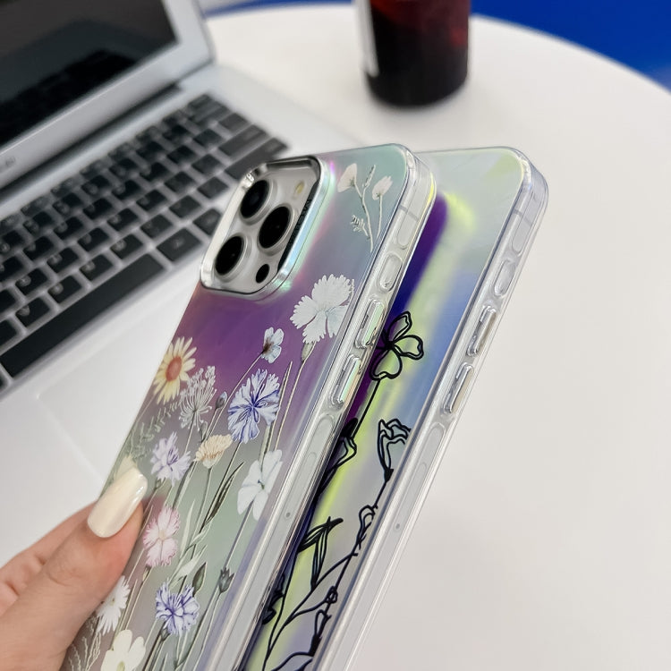 For iPhone 16 Pro Max Electroplating Laser Flower Texture TPU Phone Case(Leaves AH12) - iPhone 16 Pro Max Cases by buy2fix | Online Shopping UK | buy2fix