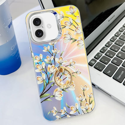 For iPhone 16 Plus Electroplating Laser Flower Ring Holder TPU Phone Case(Pear Blossom AH17) - iPhone 16 Plus Cases by buy2fix | Online Shopping UK | buy2fix