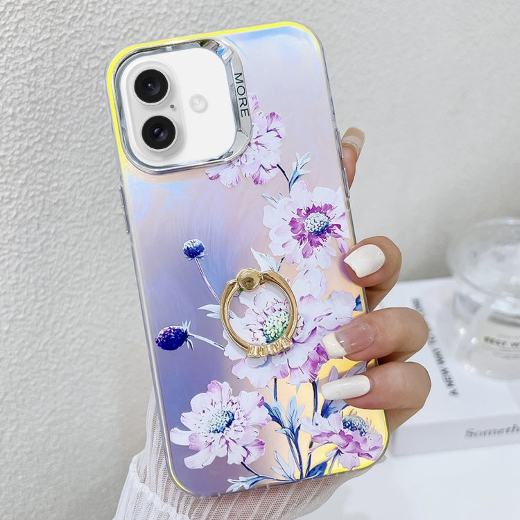 For iPhone 16 Electroplating Laser Flower Ring Holder TPU Phone Case(Zinnia AH9) - iPhone 16 Cases by buy2fix | Online Shopping UK | buy2fix