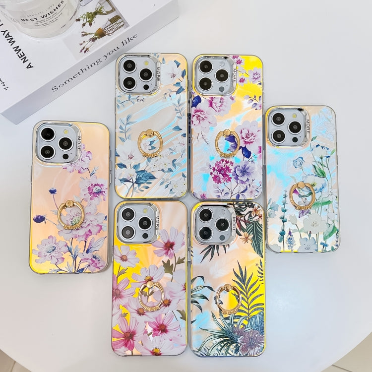 For iPhone 16 Plus Electroplating Laser Flower Ring Holder TPU Phone Case(Leaves AH12) - iPhone 16 Plus Cases by buy2fix | Online Shopping UK | buy2fix