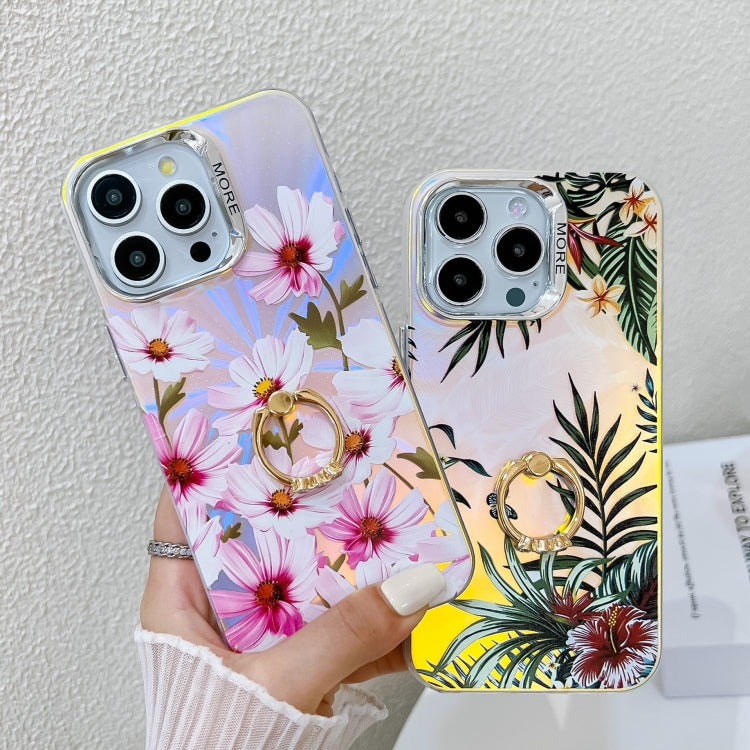 For iPhone 16 Pro Electroplating Laser Flower Ring Holder TPU Phone Case(Myosotis AH2) - iPhone 16 Pro Cases by buy2fix | Online Shopping UK | buy2fix