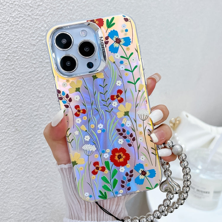 For iPhone 16 Pro Max Electroplating Laser Flower Phone Case with Wrist Strap(Flower AH6) - iPhone 16 Pro Max Cases by buy2fix | Online Shopping UK | buy2fix