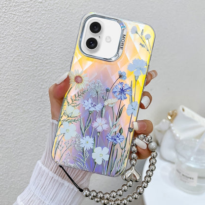 For iPhone 16 Plus Electroplating Laser Flower Phone Case with Wrist Strap(Chrysanthemum AH5) - iPhone 16 Plus Cases by buy2fix | Online Shopping UK | buy2fix