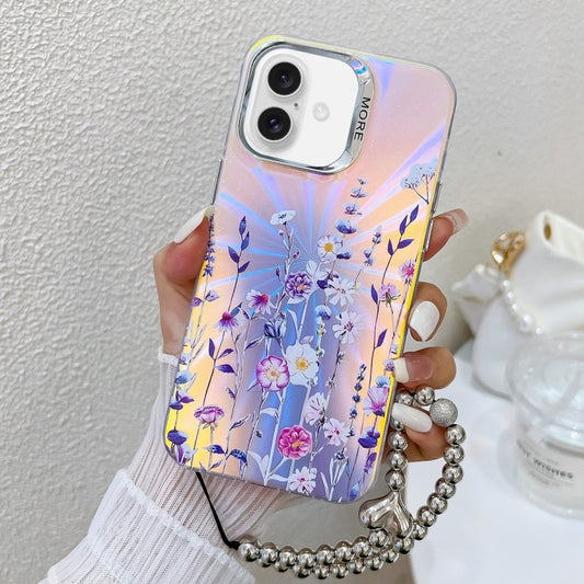 For iPhone 16 Plus Electroplating Laser Flower Phone Case with Wrist Strap(Flower AH1) - iPhone 16 Plus Cases by buy2fix | Online Shopping UK | buy2fix