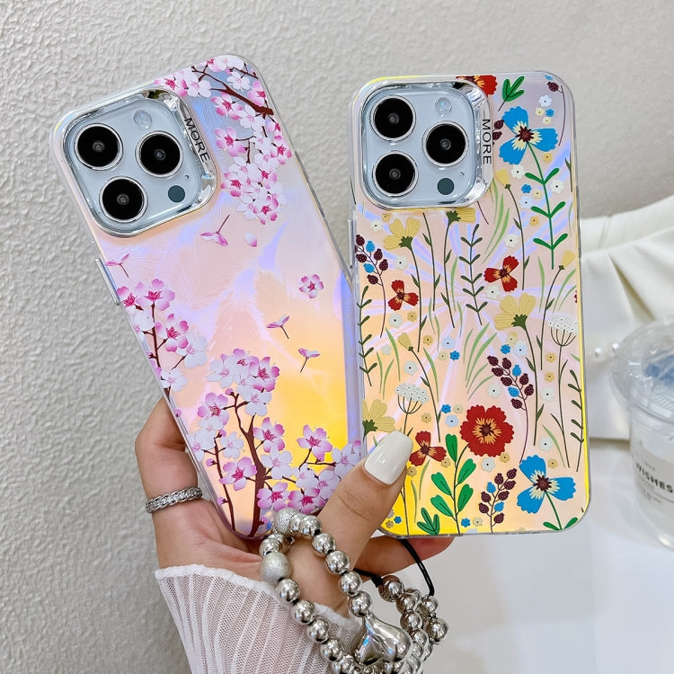 For iPhone 16 Plus Electroplating Laser Flower Phone Case with Wrist Strap(Pear Blossom AH17) - iPhone 16 Plus Cases by buy2fix | Online Shopping UK | buy2fix