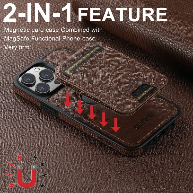 For iPhone 16 Pro Max Suteni M2 Cross-Grain MagSafe Vertical Card Back Phone Case(Brown) - iPhone 16 Pro Max Cases by Suteni | Online Shopping UK | buy2fix