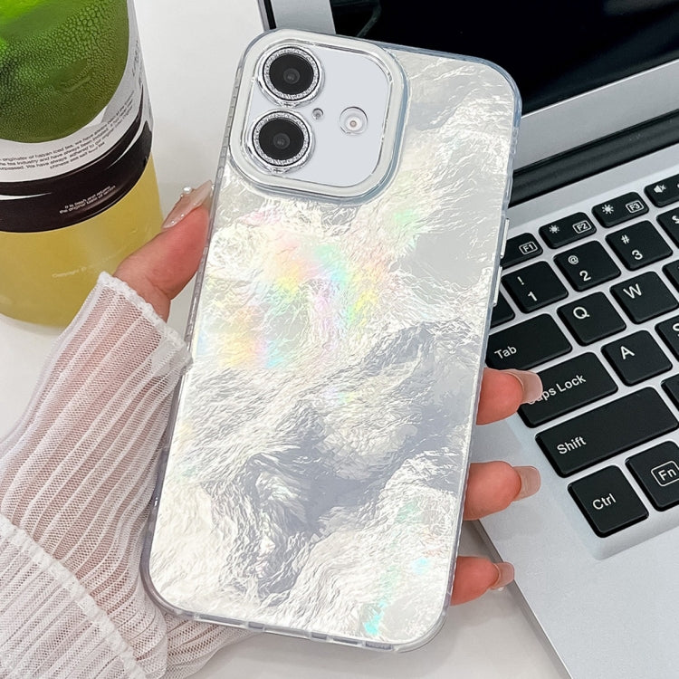 For iPhone 16 Plus Plating Glitter Texture TPU Phone Case with Lens Film(White  Tinfoil Texture) - iPhone 16 Plus Cases by buy2fix | Online Shopping UK | buy2fix