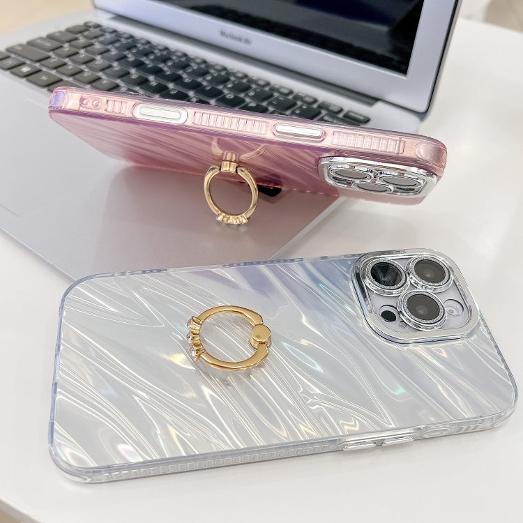 For iPhone 16 Pro Max Plating Glitter Texture Ring Holder TPU Phone Case with Lens Film(White Shell Grain) - iPhone 16 Pro Max Cases by buy2fix | Online Shopping UK | buy2fix