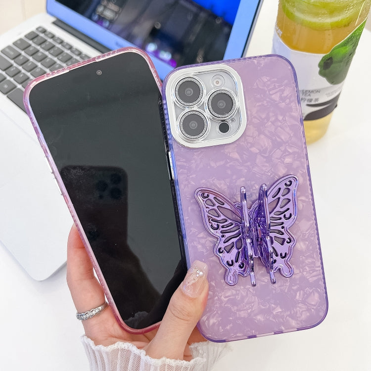 For iPhone 16 Plating Glitter Texture Butterfly Holder TPU Phone Case with Lens Film(Pink Wrinkles) - iPhone 16 Cases by buy2fix | Online Shopping UK | buy2fix