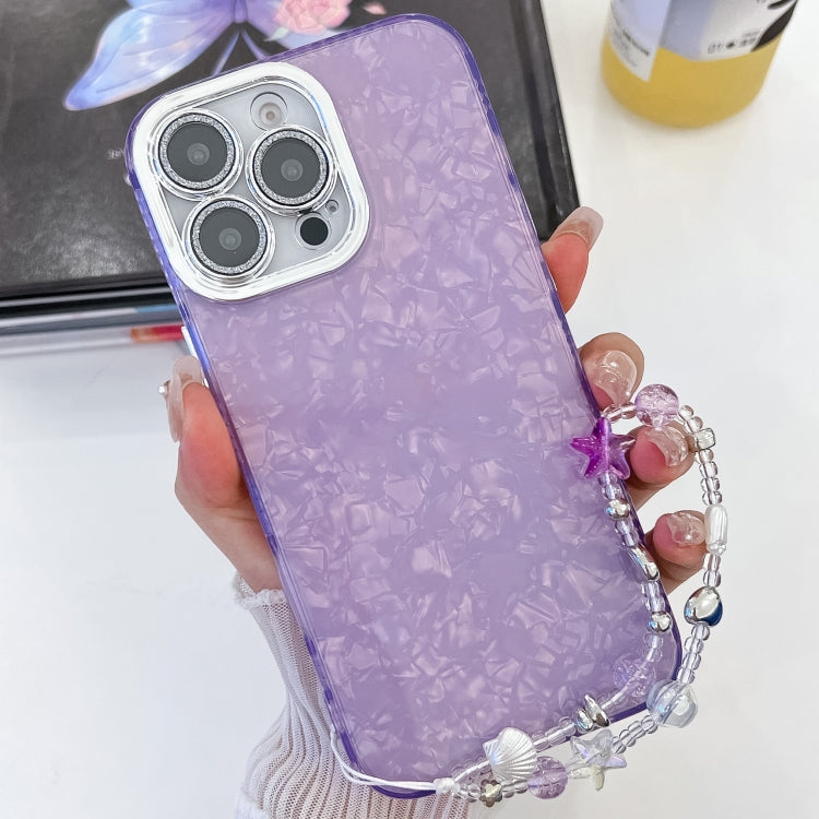 For iPhone 16 Pro Max Plating Glitter Texture Chain Wristband TPU Phone Case with Lens Film(Purple Shell Pattern) - iPhone 16 Pro Max Cases by buy2fix | Online Shopping UK | buy2fix