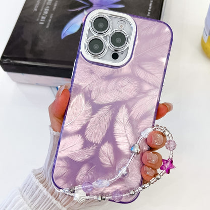 For iPhone 16 Plating Glitter Texture Chain Wristband TPU Phone Case with Lens Film(Purple Feathers) - iPhone 16 Cases by buy2fix | Online Shopping UK | buy2fix