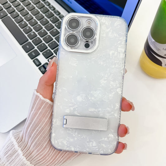 For iPhone 16 Pro Plating Glitter Texture Fold Holder TPU Phone Case with Lens Film(White Shell Pattern) - iPhone 16 Pro Cases by buy2fix | Online Shopping UK | buy2fix