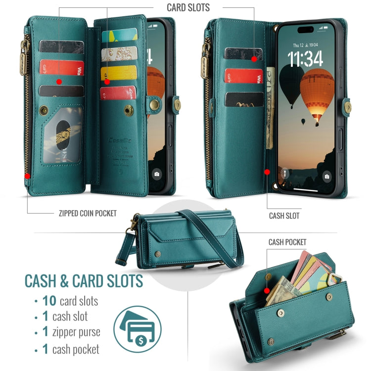 For iPhone 16 Plus CaseMe C36 Card Slots Zipper Wallet RFID Anti-theft Leather Phone Case(Blue) - iPhone 16 Plus Cases by CaseMe | Online Shopping UK | buy2fix