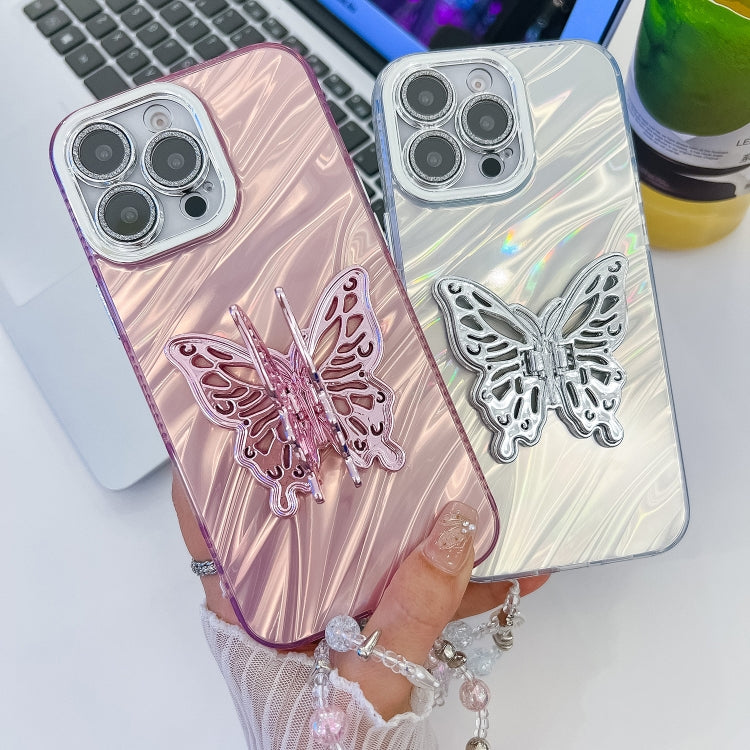 For iPhone 16 Plating Glitter Lens Film Texture Butterfly Holder Wristband Phone Case(Pink Shell Pattern) - iPhone 16 Cases by buy2fix | Online Shopping UK | buy2fix