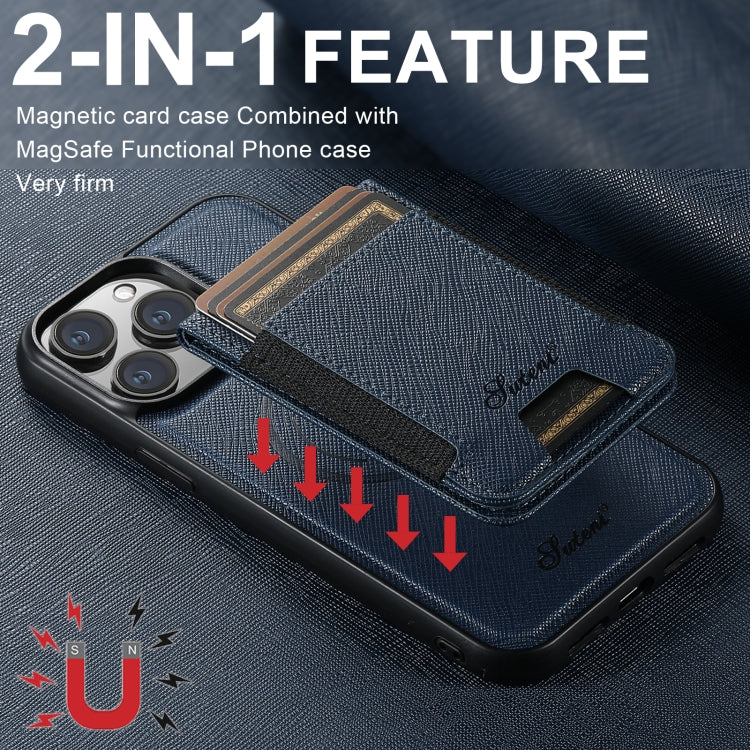 For iPhone 13 Suteni H17 Cross Grain Leather MagSafe Detachable Wallet Phone Case(Blue) - iPhone 13 Cases by Suteni | Online Shopping UK | buy2fix