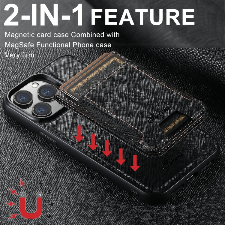 For iPhone 16 Plus Suteni H17 Cross Grain Leather MagSafe Detachable Wallet Phone Case(Black) - iPhone 16 Plus Cases by Suteni | Online Shopping UK | buy2fix