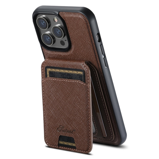 For iPhone 14 Pro Suteni H18 Cross Grain MagSafe Wallet Leather Phone Case(Brown) - iPhone 14 Pro Cases by Suteni | Online Shopping UK | buy2fix