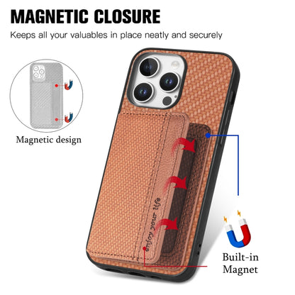 For iPhone 16 Pro Carbon Fiber Magnetic Card Wallet RFID Blocking Phone Case(Brown) - iPhone 16 Pro Cases by buy2fix | Online Shopping UK | buy2fix