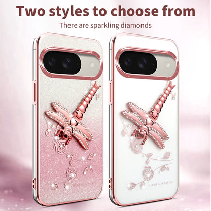 For Google Pixel 9 Gradient Glitter Immortal 3D Dragonfly Holder Plated Phone Case(Pink) - Google Cases by buy2fix | Online Shopping UK | buy2fix