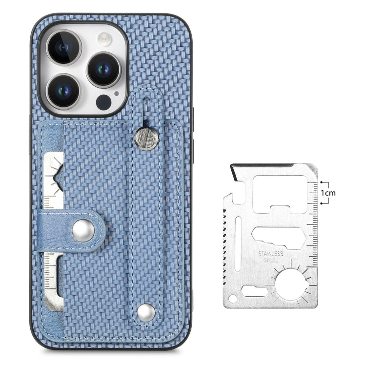 For iPhone 16 Pro Wristband Kickstand Card Wallet Back Phone Case with Tool Knife(Blue) - iPhone 16 Pro Cases by buy2fix | Online Shopping UK | buy2fix