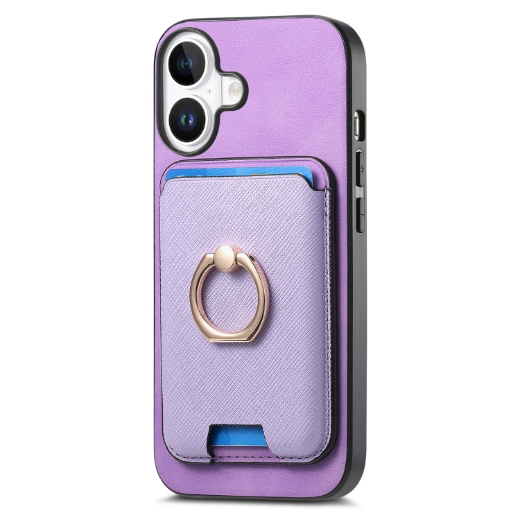 For iPhone 16 Plus Retro Cross Leather Card Bag MagSafe Phone Case(Purple) - iPhone 16 Plus Cases by buy2fix | Online Shopping UK | buy2fix