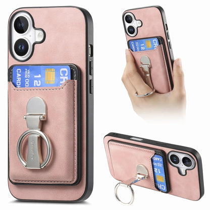 For iPhone 16 Plus Retro Folding Ring Holder Card Bag MagSafe Phone Case(Pink) - iPhone 16 Plus Cases by buy2fix | Online Shopping UK | buy2fix