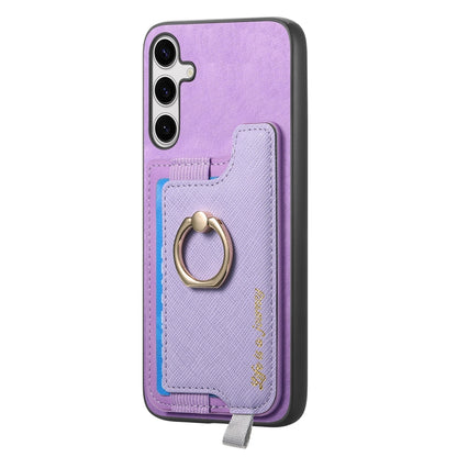 For Samsung Galaxy S25+ 5G Retro Cross Leather Ring Horizontal Insert Card Bag MagSafe Phone Case(Purple) - Galaxy S25+ 5G Cases by buy2fix | Online Shopping UK | buy2fix