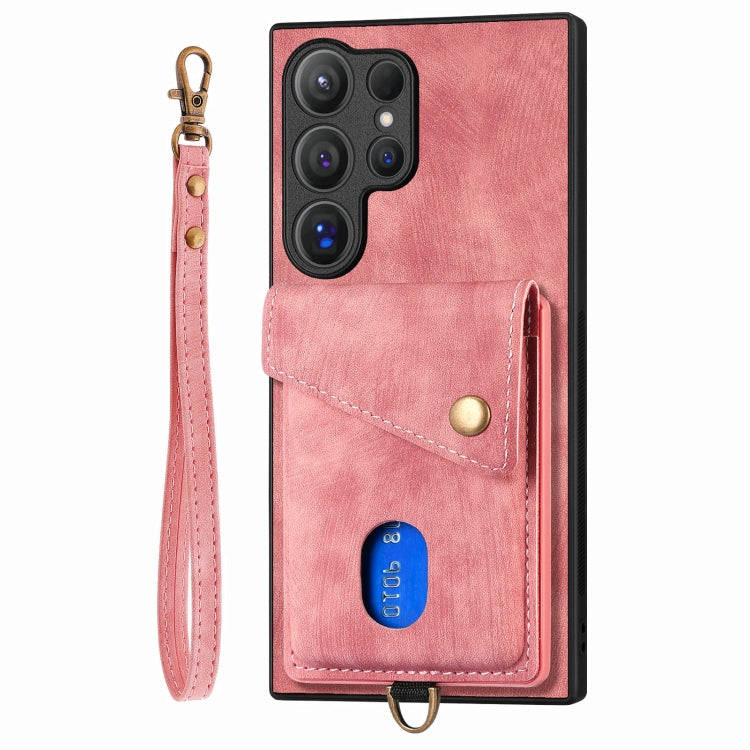 For Samsung Galaxy S25 Ultra 5G Retro Card Wallet Fold Leather Phone Case with Strap(Pink) - Galaxy S25 Ultra 5G Cases by buy2fix | Online Shopping UK | buy2fix