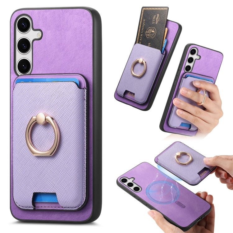 For Samsung Galaxy S25 5G Retro Cross Leather Ring Vertical Insert Card Bag MagSafe Phone Case(Purple) - Galaxy S25 5G Cases by buy2fix | Online Shopping UK | buy2fix