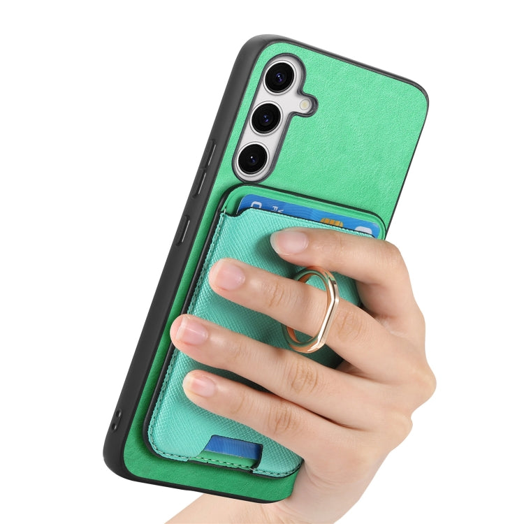 For Samsung Galaxy S25+ 5G Retro Cross Leather Ring Vertical Insert Card Bag MagSafe Phone Case(Green) - Galaxy S25+ 5G Cases by buy2fix | Online Shopping UK | buy2fix