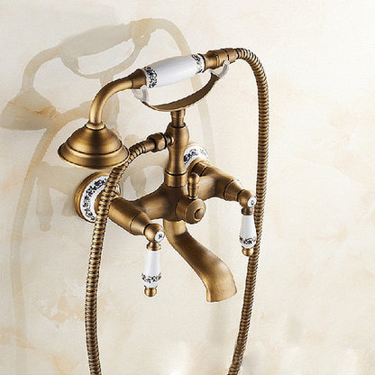 Antique Brass Wall Mounted Bathroom Tub Faucet Dual Ceramics Handles Telephone Style Hand Shower, Specification:Blue and White Telephone Shower - Shower Head by buy2fix | Online Shopping UK | buy2fix