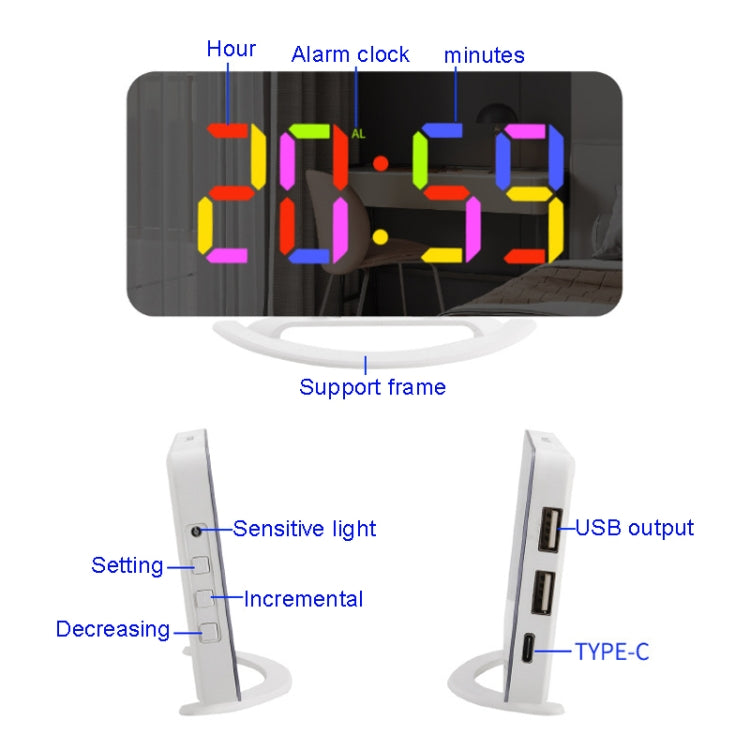 TS-8201 LED Digital Mirror Alarm Clock Big Screen Dual USB Desktop Table Clock, Color: RGB Display White Shell - Alarm Clocks by buy2fix | Online Shopping UK | buy2fix