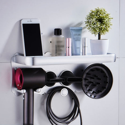 Wall Mounted Hair Dryer Holder Hole-Free Bathroom Space Aluminum Multifunctional Shelf, Style: Large Silver - Shelves by buy2fix | Online Shopping UK | buy2fix