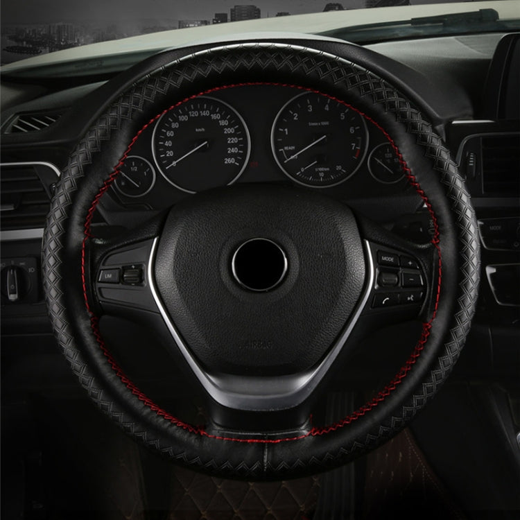 38cm Four-season Embossed Hand-sewn Cowhide Steering Wheel Cover(Black+Red Line) - Steering Wheel Accessories by buy2fix | Online Shopping UK | buy2fix