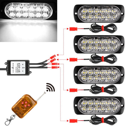 DC12V-24V / 18W 4 in 1 Front Grille Emergency Strobe Flash Warning Light Pickup 12LEDs Side Light Wireless Control 16 Modes (White Light) - In Car by buy2fix | Online Shopping UK | buy2fix