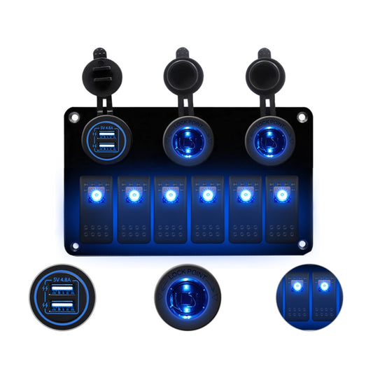 Multi-functional Combination Switch Panel 12V / 24V 6 Way Switches + Dual USB Charger for Car RV Marine Boat (Blue Light) - In Car by buy2fix | Online Shopping UK | buy2fix