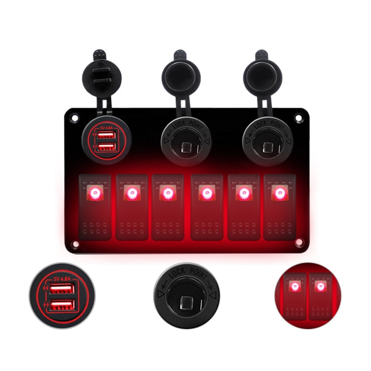 Multi-functional Combination Switch Panel 12V / 24V 6 Way Switches + Dual USB Charger for Car RV Marine Boat (Red Light) - In Car by buy2fix | Online Shopping UK | buy2fix