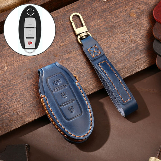 Hallmo Car Cowhide Leather Key Protective Cover Key Case for Nissan Sylphy 3-button Horn(Blue) - Car Key Cases by Hallmo | Online Shopping UK | buy2fix