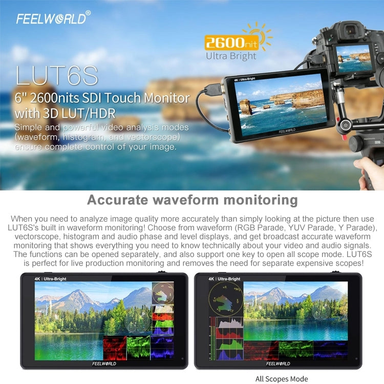 FEELWORLD LUT6S 1920x1080 2600 nits 6 inch IPS Screen HDMI 4K Touch Screen SDI HDI Camera Field Monitor - Camera Accessories by FEELWORLD | Online Shopping UK | buy2fix