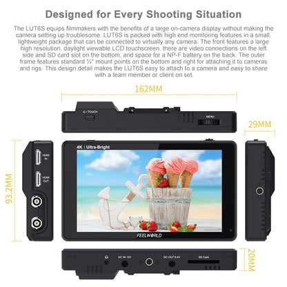 FEELWORLD LUT6S 1920x1080 2600 nits 6 inch IPS Screen HDMI 4K Touch Screen SDI HDI Camera Field Monitor - Camera Accessories by FEELWORLD | Online Shopping UK | buy2fix