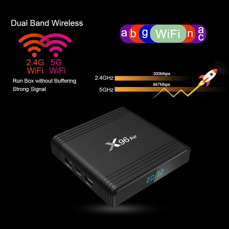 X96 Air 8K Smart TV BOX Android 9.0 Media Player with Remote Control, Quad-core Amlogic S905X3, RAM: 4GB, ROM: 64GB, Dual Band WiFi, Bluetooth, US Plug - Consumer Electronics by buy2fix | Online Shopping UK | buy2fix