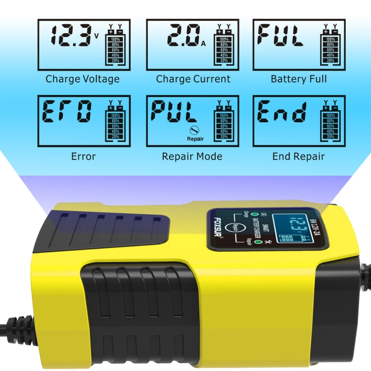 FOXSUR 2A / 6V / 12V Car / Motorcycle 3-stage Full Smart Battery Charger, Plug Type:JP Plug(Yellow) - In Car by FOXSUR | Online Shopping UK | buy2fix