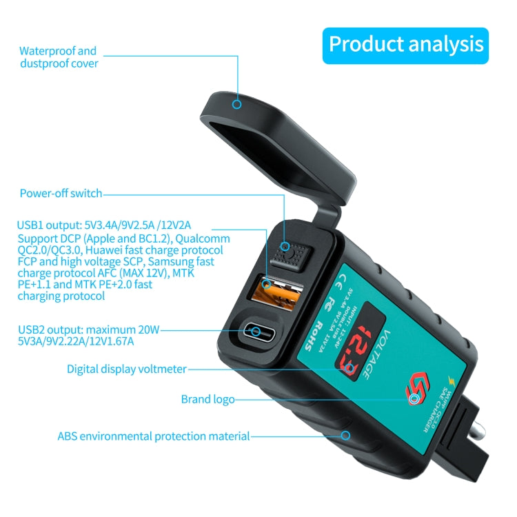 WUPP ZH-1422B3 DC12-24V Motorcycle Square Single USB + PD Fast Charging Charger with Switch + Voltmeter + Integrated SAE Socket + 1.4m OT Terminal Cable - Battery Charger by WUPP | Online Shopping UK | buy2fix