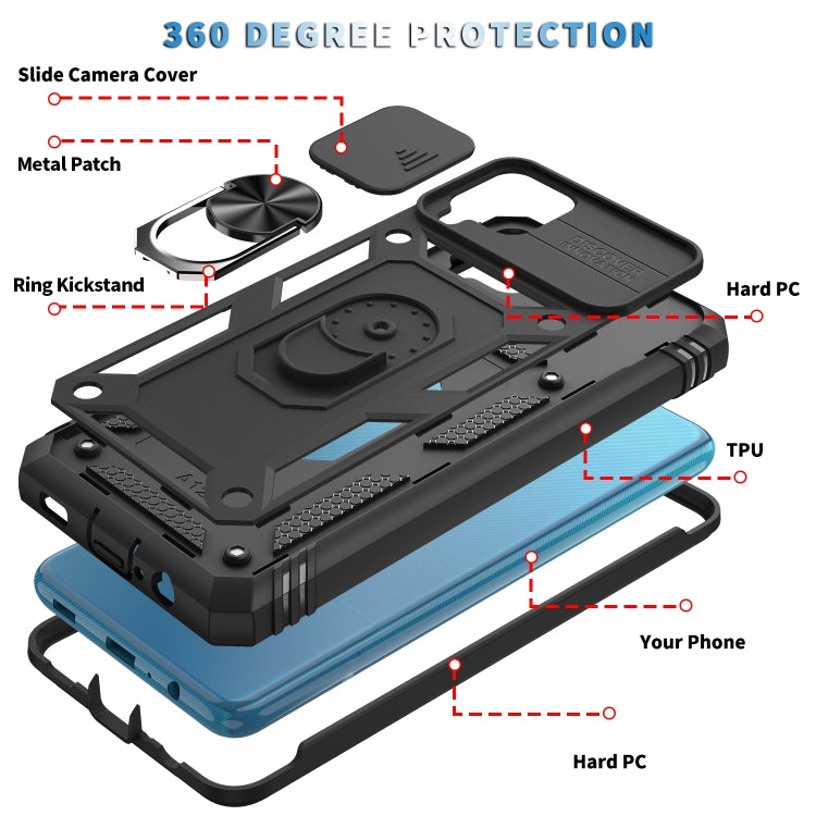 For Samsung Galaxy A12 Sliding Camera Cover Design TPU + PC Protective Case with 360 Degree Rotating Holder & Card Slot(Black+Black) - Samsung Accessories by buy2fix | Online Shopping UK | buy2fix