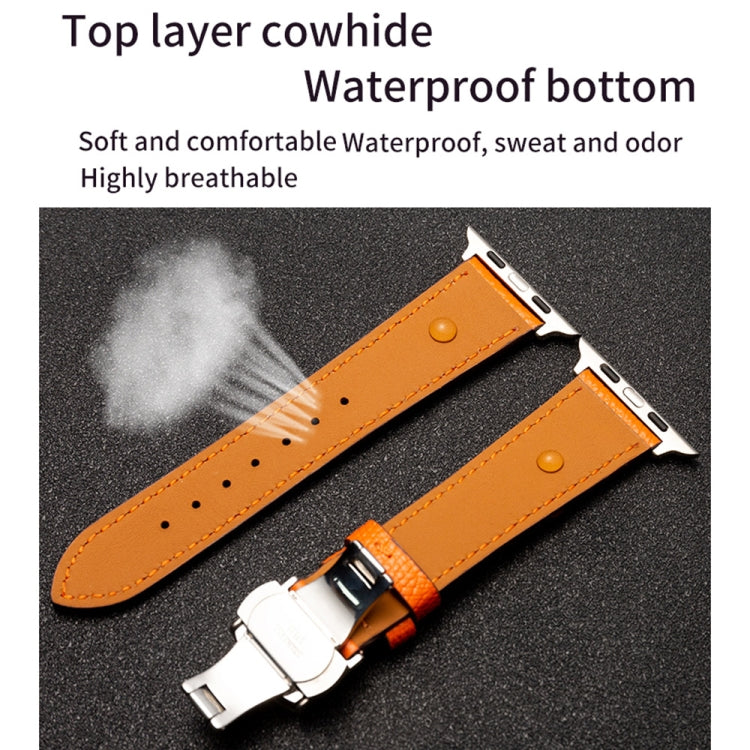 Butterfly Clasp  Top Layer Cowhide Leather Strap Watch Band For Apple Watch Ultra 49mm / Series 8&7 45mm / SE 2&6&SE&5&4 44mm / 3&2&1 42mm(Orange) - Watch Bands by buy2fix | Online Shopping UK | buy2fix