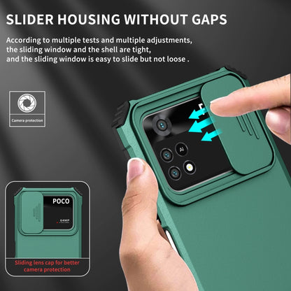 For Xiaomi Poco M4 Pro 4G Stereoscopic Holder Sliding Camshield Phone Case(Dark Green) - Xiaomi Cases by buy2fix | Online Shopping UK | buy2fix
