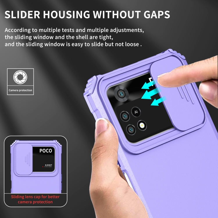 For Xiaomi Poco M4 Pro 4G Stereoscopic Holder Sliding Camshield Phone Case(Purple) - Xiaomi Cases by buy2fix | Online Shopping UK | buy2fix