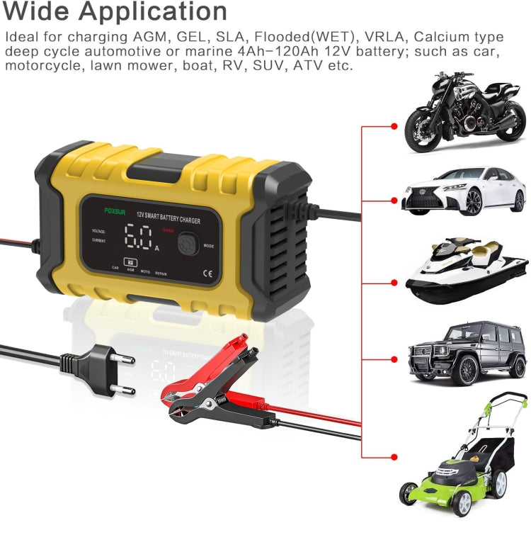 FOXSUR 6A 12V Motorcycle / Car Smart Battery Charger, Plug Type:UK Plug(Yellow) - In Car by FOXSUR | Online Shopping UK | buy2fix