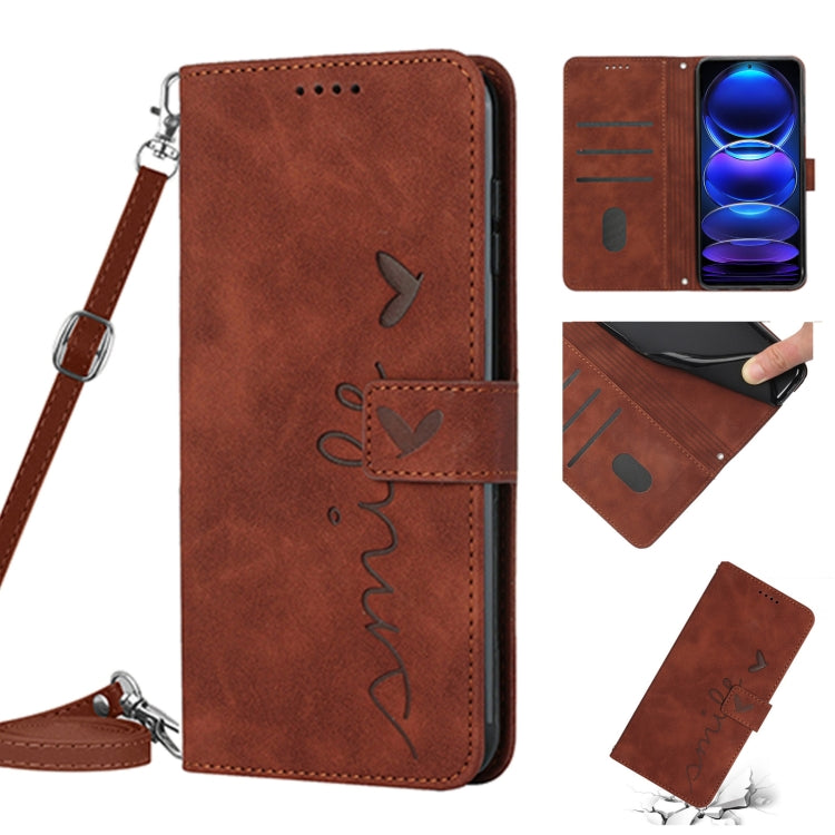 For Xiaomi Redmi Note 12 Pro Speed / Poco X5 Pro 5G Skin Feel Heart Pattern Leather Phone Case with Lanyard(Brown) - Xiaomi Cases by buy2fix | Online Shopping UK | buy2fix