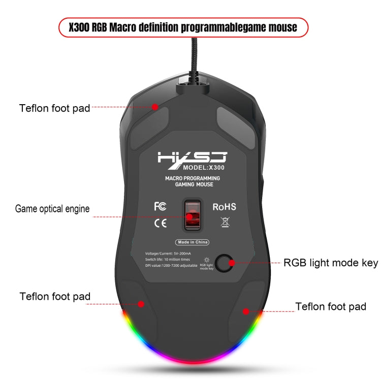 HXSJ X300 7200DPI RGB Backlight Interchangeable Back Cover Hole Gaming Wired Mouse(Black) - Wired Mice by HXSJ | Online Shopping UK | buy2fix